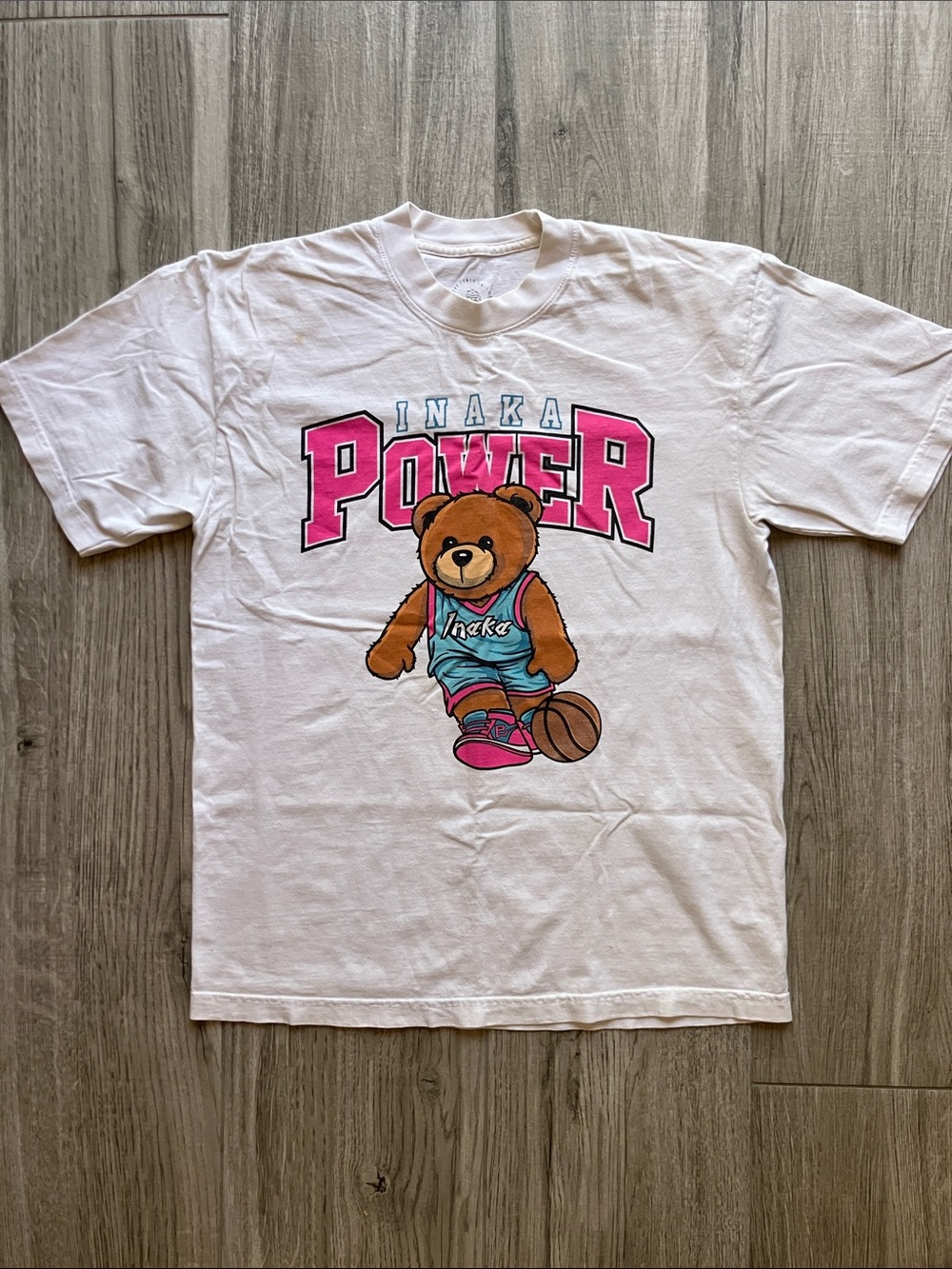 Inaka Power White Tee with Pink/Teal Logo and Basketball Bear Graphic, Men’s Med
